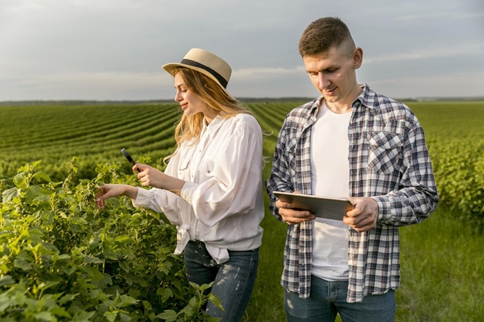 Um casal jovem está em meio a uma plantação do agronegócio; ela usa uma lupa para avaliar uma folha de uma planta, enquanto ele segura um tablet e olha diretamente para o aparelho eletrônico, com expressão sorridente de análise.