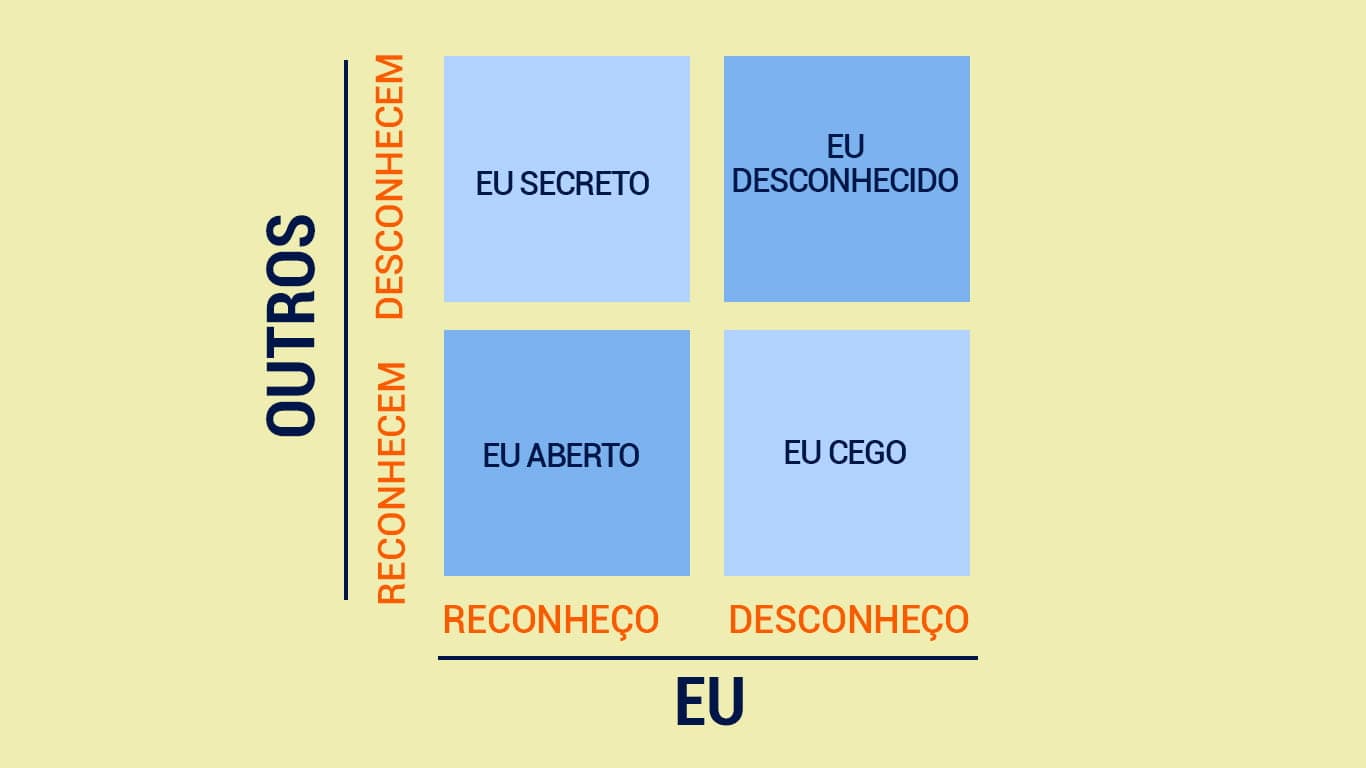 Quadrantes da Janela de Johari. Eixo vertical com o que é reconhecido e desconhecido pelo outros e eixo horizontal com o que é reconhecido e desconhecido pelo eu. As intersecções formam o eu aberto, o eu cego, o eu secreto e o eu desconhecido.