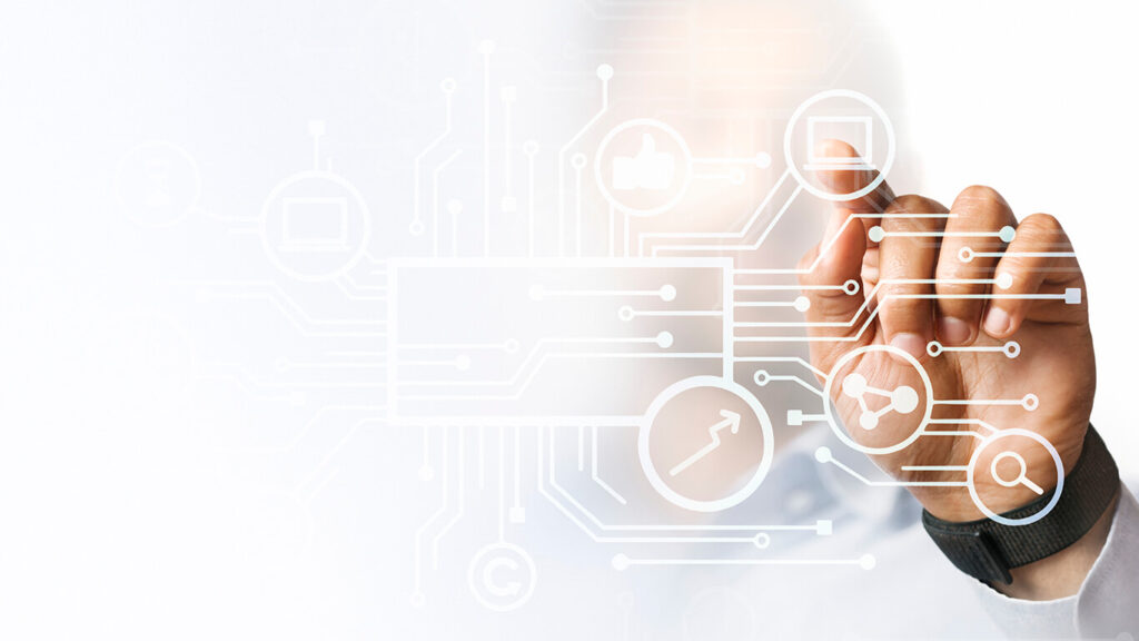 mão clicando em algo que parece ser uma inteligência artificial cheia de dados, o que é mais uma função dos engenheiros de dados na equipe.