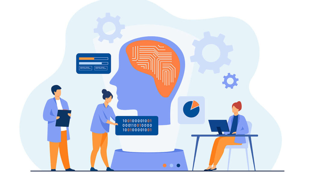 Na imagem, um desenhos de profissionais utilizando o Machine Learning nos processos decisórios e no cotidiano.