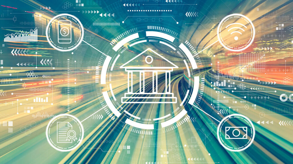 Imagem representando finanças digitais, com ícones e balões representativos da área
