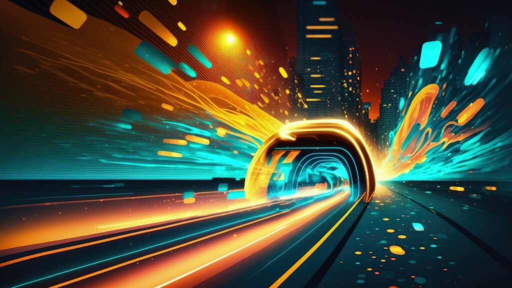 Túnel com ilustrações na horizontal para simular a velocidade da transformação ágil.