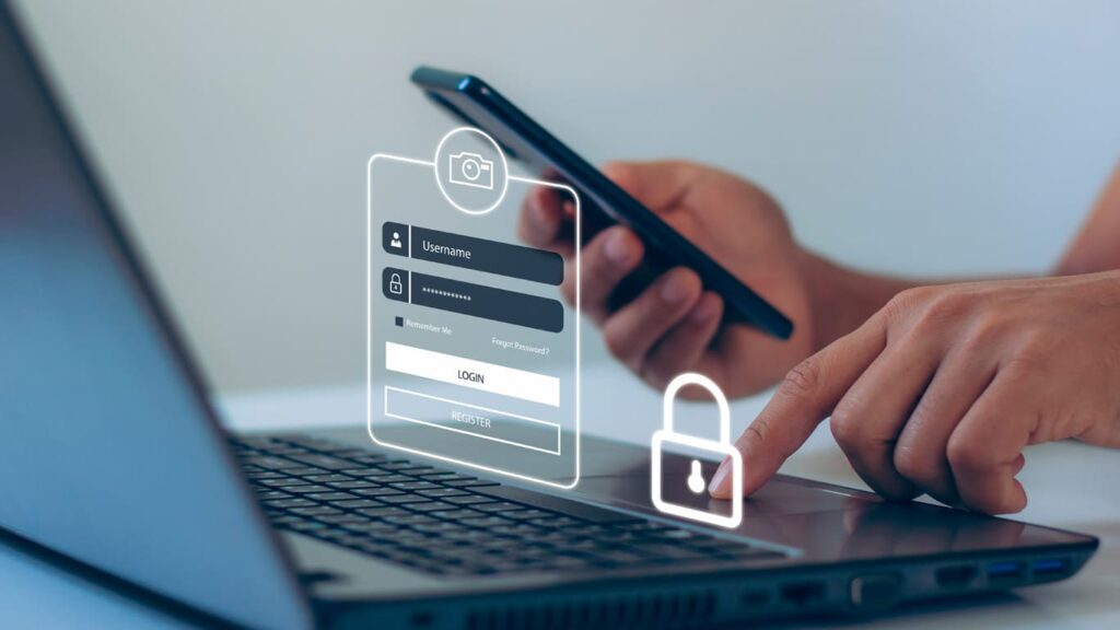 Foto contendo uma pessoa utilizando um computador portátil e a imagem de uma página de login em cima para representar a atuação de um profissional no mercado de Engenharia de Software.