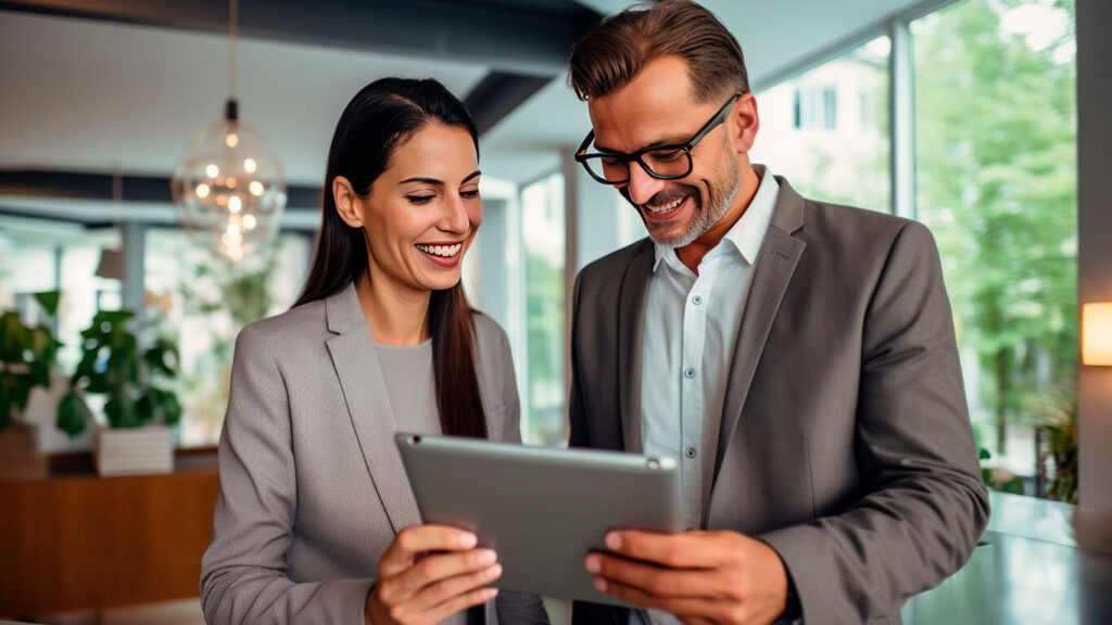 Duas pessoas, homem e mulher, vestidos socialmente e olhando um tablet. Os dois estão com um sorriso no rosto.