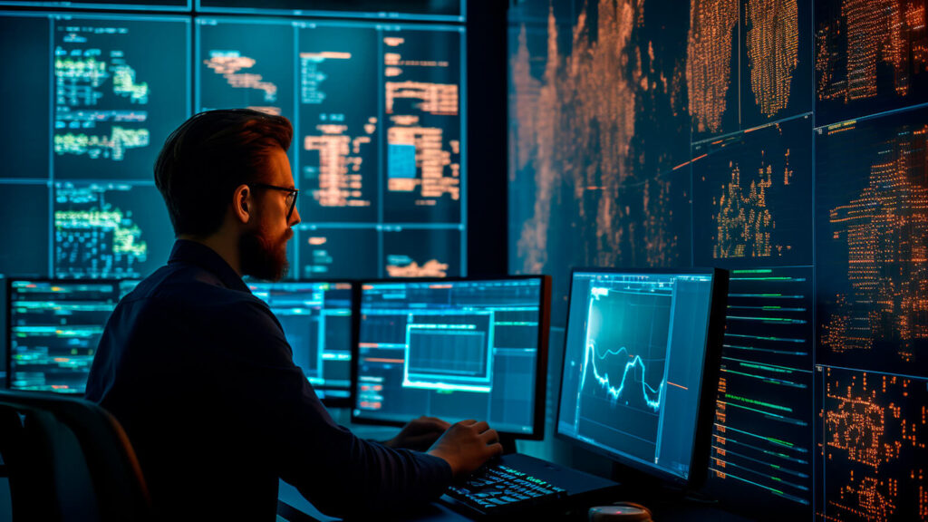 Um homem vê dados em diversas telas, que se relaciona à ligação entre a linguagem de programação com o entendimento profundo do negócio.