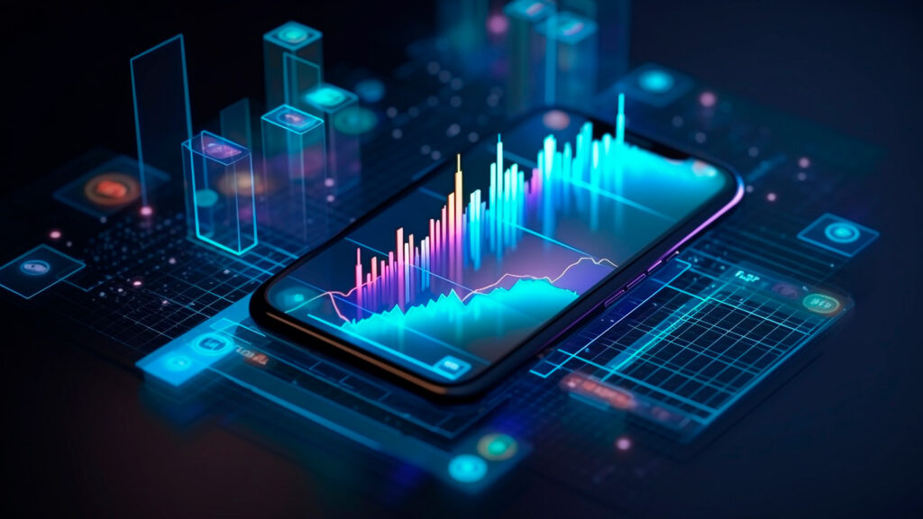 A imagem mostra um celular com diversos dados em tabelas e outros infográficos para demonstrar a grande quantidade de dados que ecossistemas digitais analisam de seus clientes,