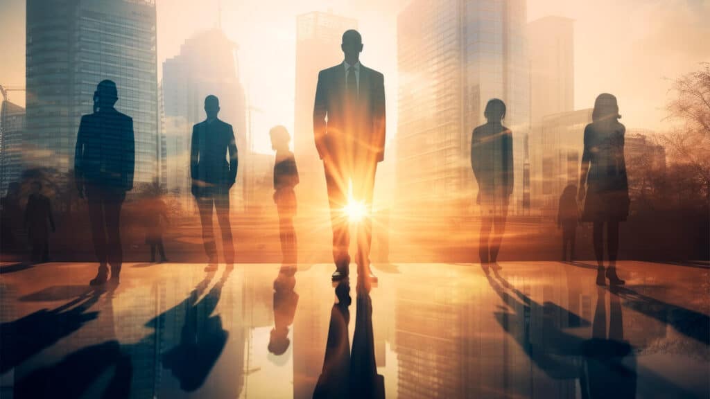 Pessoas estão em pé na frente de grandes prédios onde o sol de põe, o que traz um aspecto amarelado para a foto e deixa apenas as silhuetas das pessoas na imagem utilizada para simbolizar a liderança do futuro.