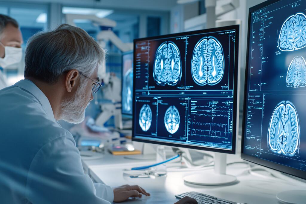 Estudante de pós em neurociência utilizando monitor para estudar.