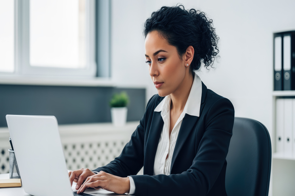 Mulher de terno utilizando notebook para pesquisar por vagas para executivos.