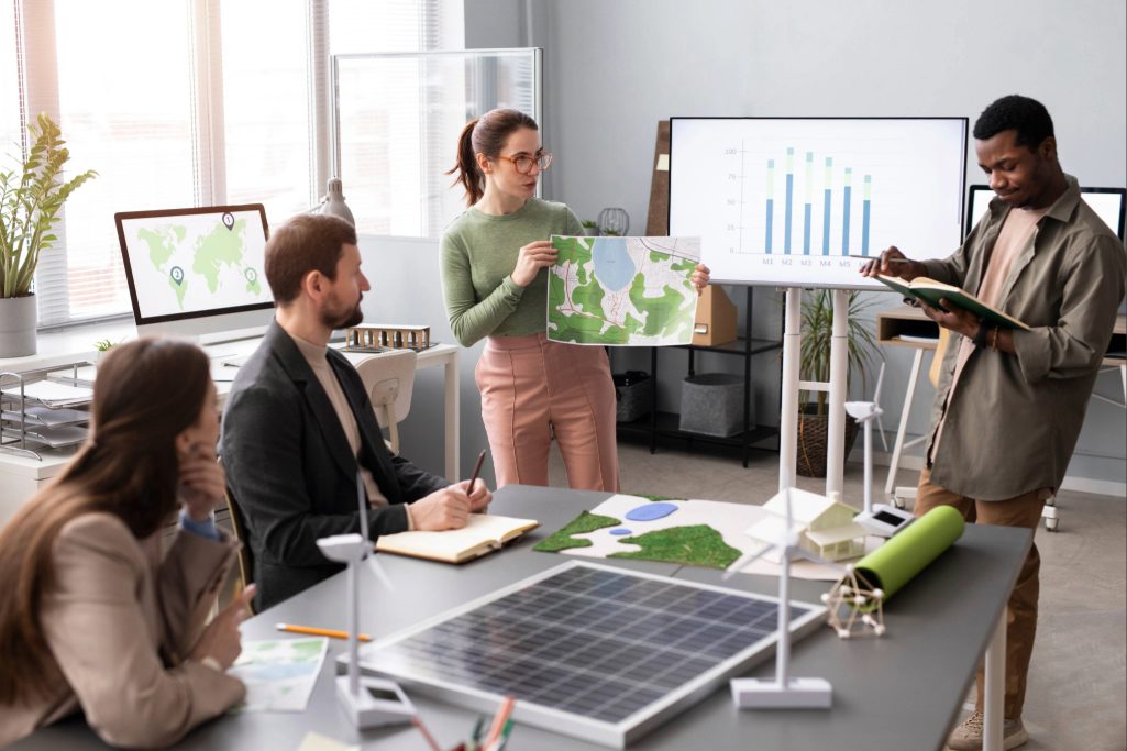 Imagem de uma equipe de profissionais analisando dados e discutindo estratégias de sustentabilidade em uma reunião.
